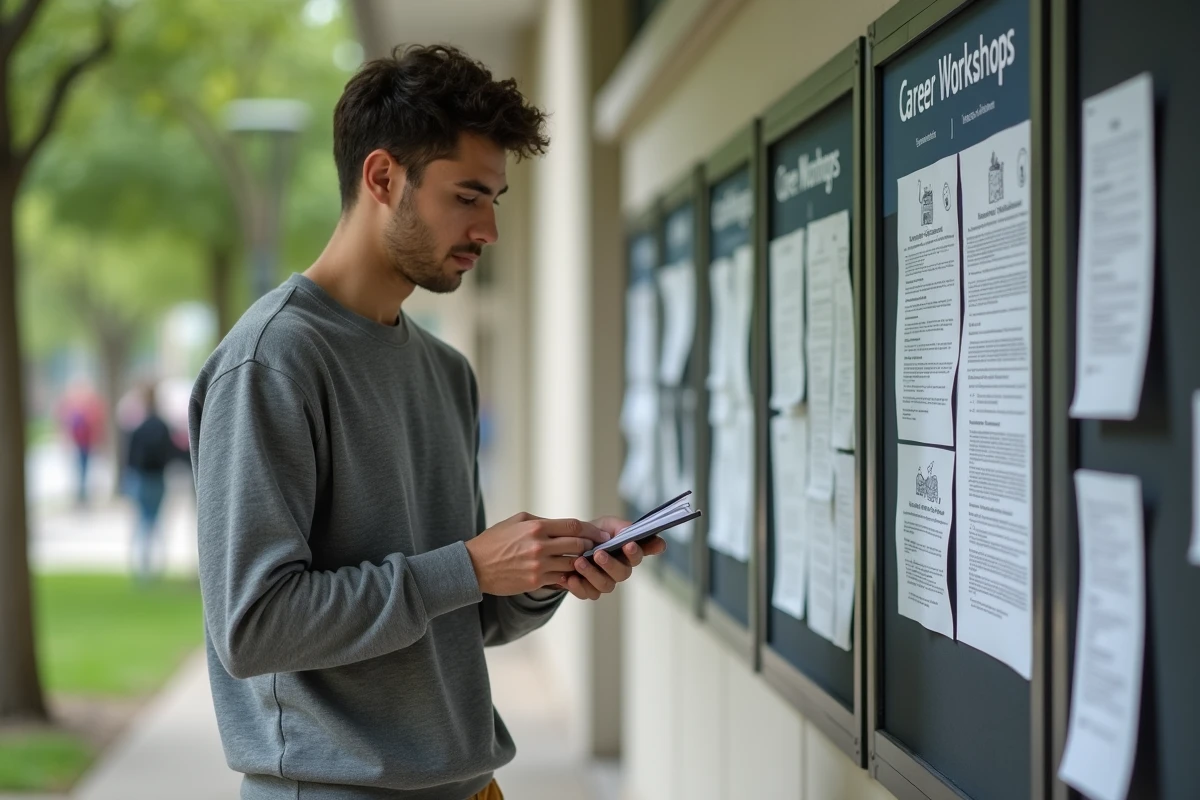 Jeune homme consultant un tableau d'affichage universitaire avec des informations sur l'orientation et les métiers