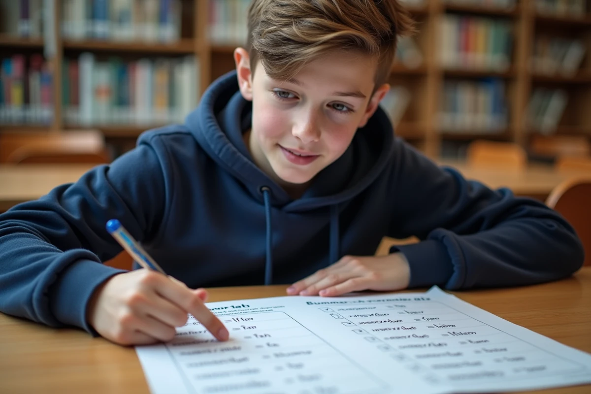 Adolescent étudiant un tableau récapitulatif des verbes irréguliers en IR dans une bibliothèque scolaire