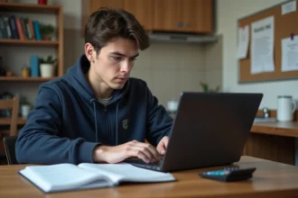 Étudiant universitaire concentré sur son ordinateur dans son studio