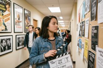 Étudiante en cinéma devant un tableau d'affichage universitaire avec un clap de tournage, illustration des formations hors Parcoursup