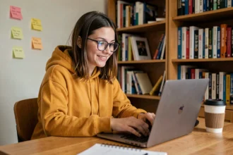 Étudiante souriante découvrant des codes promo cachés sur son ordinateur portable dans sa chambre d'étudiant