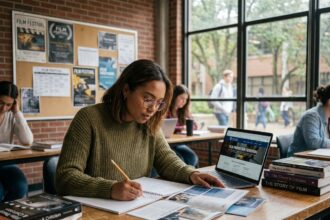 Étudiante en cinéma comparant des brochures d'écoles publiques et privées à son bureau