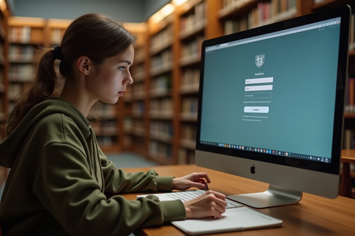 Étudiante récupérant ses identifiants de connexion sur le portail académique Esterel dans une bibliothèque universitaire