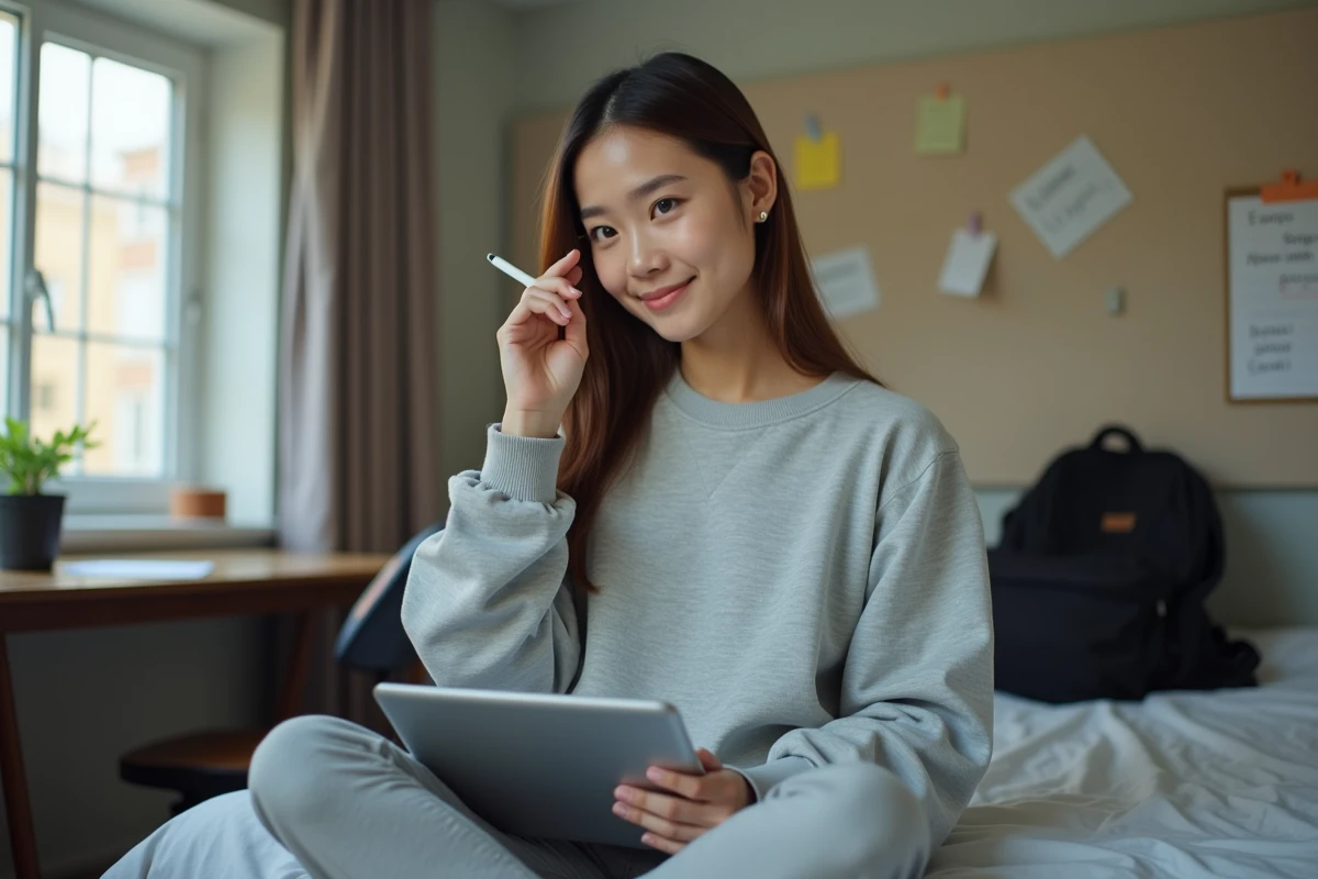 Étudiante vérifiant ses devoirs en ligne sur une tablette dans sa chambre de résidence universitaire