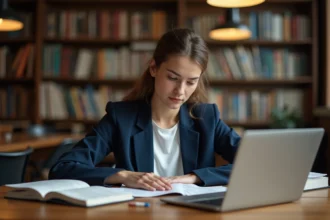 Étudiante en école de commerce révisant avec des manuels et un ordinateur portable dans une bibliothèque universitaire