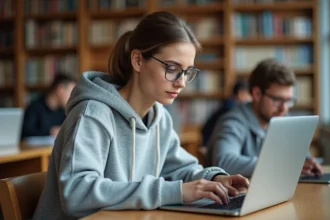 Étudiante accédant aux ressources en ligne de l'ENT Centrale Marseille sur son ordinateur portable dans une bibliothèque universitaire