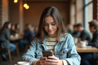 Étudiante Erasmus consultant une application de réductions sur son téléphone dans un café européen