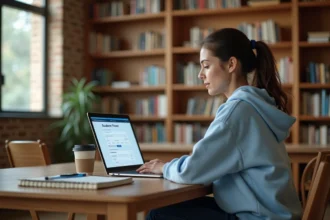 Étudiante consultant le portail LEO UGA sur un ordinateur portable dans une bibliothèque universitaire