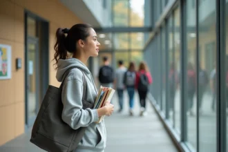 Étudiante découvrant le panneau d'orientation du campus PSB lors de sa première semaine universitaire
