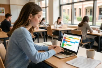 Étudiante consultant son planning de cours sur HYPERPLANNING depuis un espace de travail universitaire moderne