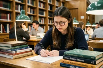 Étudiante en prépa BCPST annotant un classement des grandes écoles dans une bibliothèque universitaire