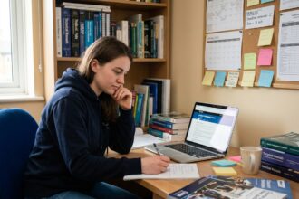 Étudiante préparant son dossier d'admission pour un Bachelor en Cybersécurité à son bureau avec brochures et checklist