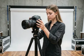 Étudiante en photographie réglant un appareil photo sur trépied dans un studio académique de l'École de Photographie de Toulouse