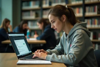 Étudiante comparant UBS ENT et un intranet classique sur son ordinateur portable dans une bibliothèque universitaire