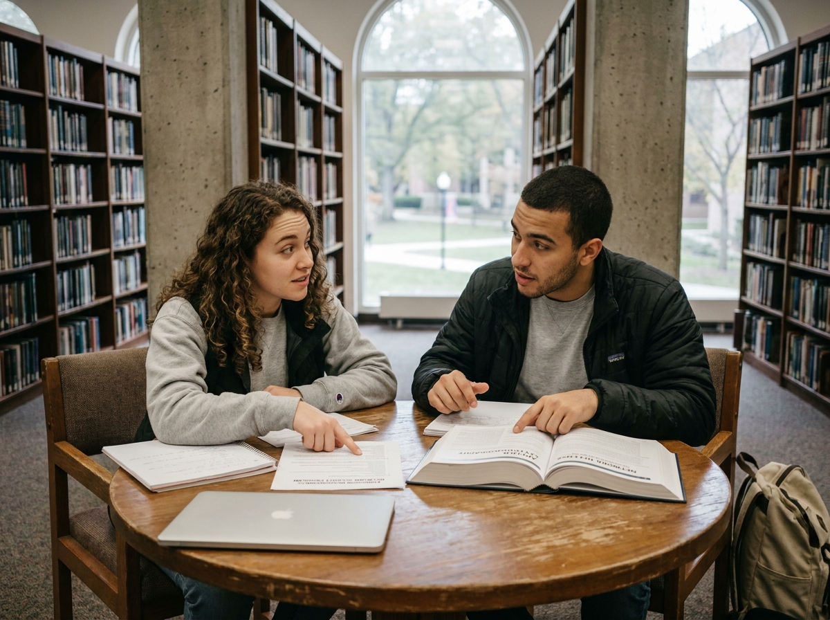 Deux étudiants collaborant sur les conditions d'admission pour un Bachelor en Cybersécurité dans une bibliothèque universitaire