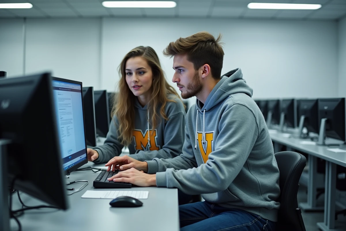 Deux étudiants collaborant sur la plateforme ENT UTT dans une salle informatique universitaire moderne
