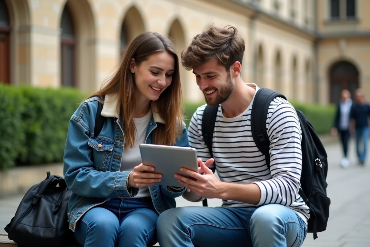 Deux étudiants comparant des plateformes numériques universitaires sur une tablette dans une cour de campus