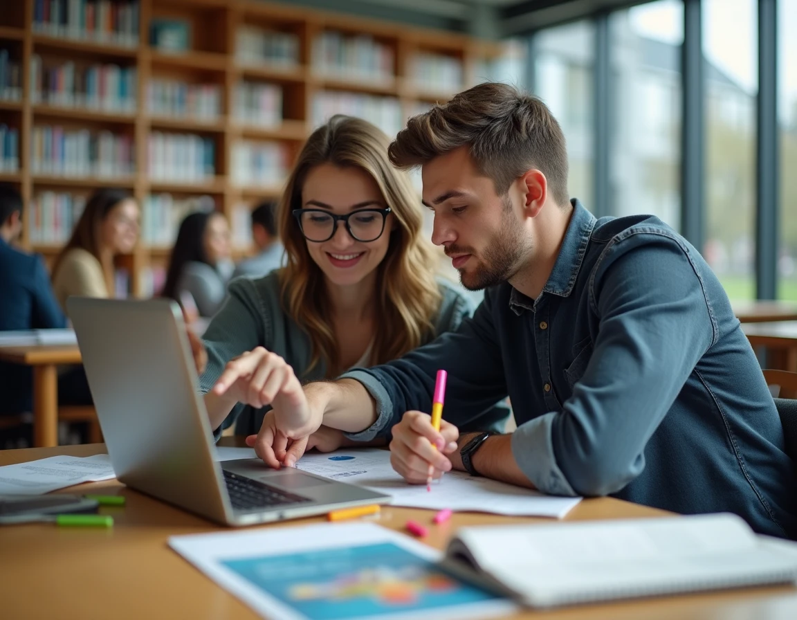 Deux étudiants Erasmus comparant des offres de réductions sur un ordinateur portable dans une bibliothèque universitaire moderne