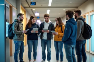 Groupe d'étudiants souriants utilisant un portail numérique à Nîmes