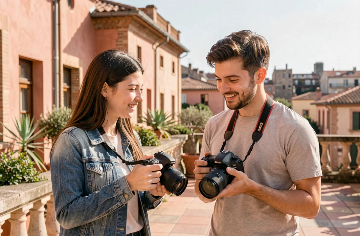 Deux étudiants en photographie discutant de leurs clichés sur la terrasse d'une école de photographie à Toulouse