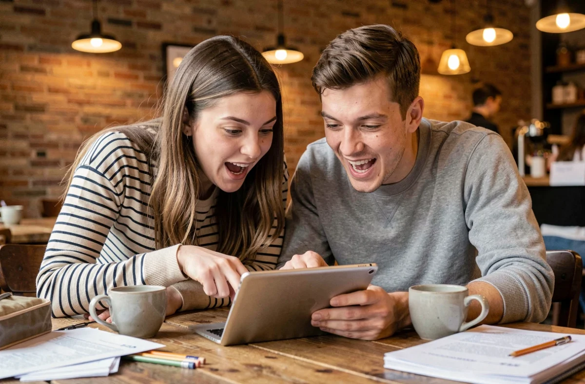 Deux étudiants découvrant ensemble des astuces et codes promo méconnus sur une tablette dans un café