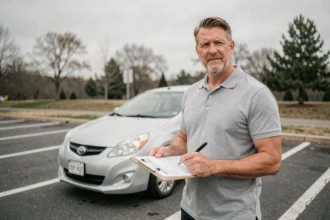 Examinateur du permis de conduire vérifiant une liste de contrôle du véhicule dans un parking de centre d'examen
