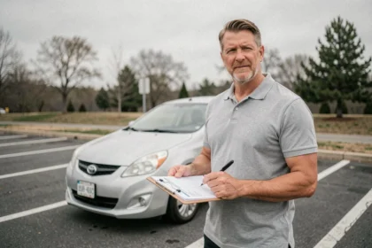 Examinateur du permis de conduire vérifiant une liste de contrôle du véhicule dans un parking de centre d'examen