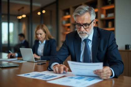 Homme d'affaires en costume noir examine des documents financiers