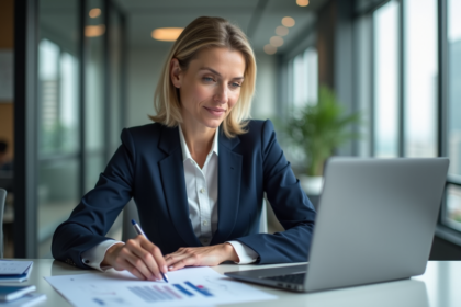 Femme d'affaires en costume regardant des graphiques au bureau