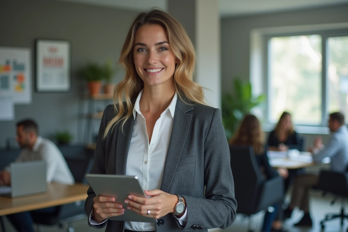 Jeune femme d'affaires avec tablette dans un bureau moderne
