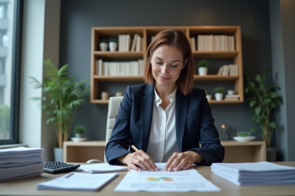 Femme d'affaires organisant des documents financiers dans un bureau moderne