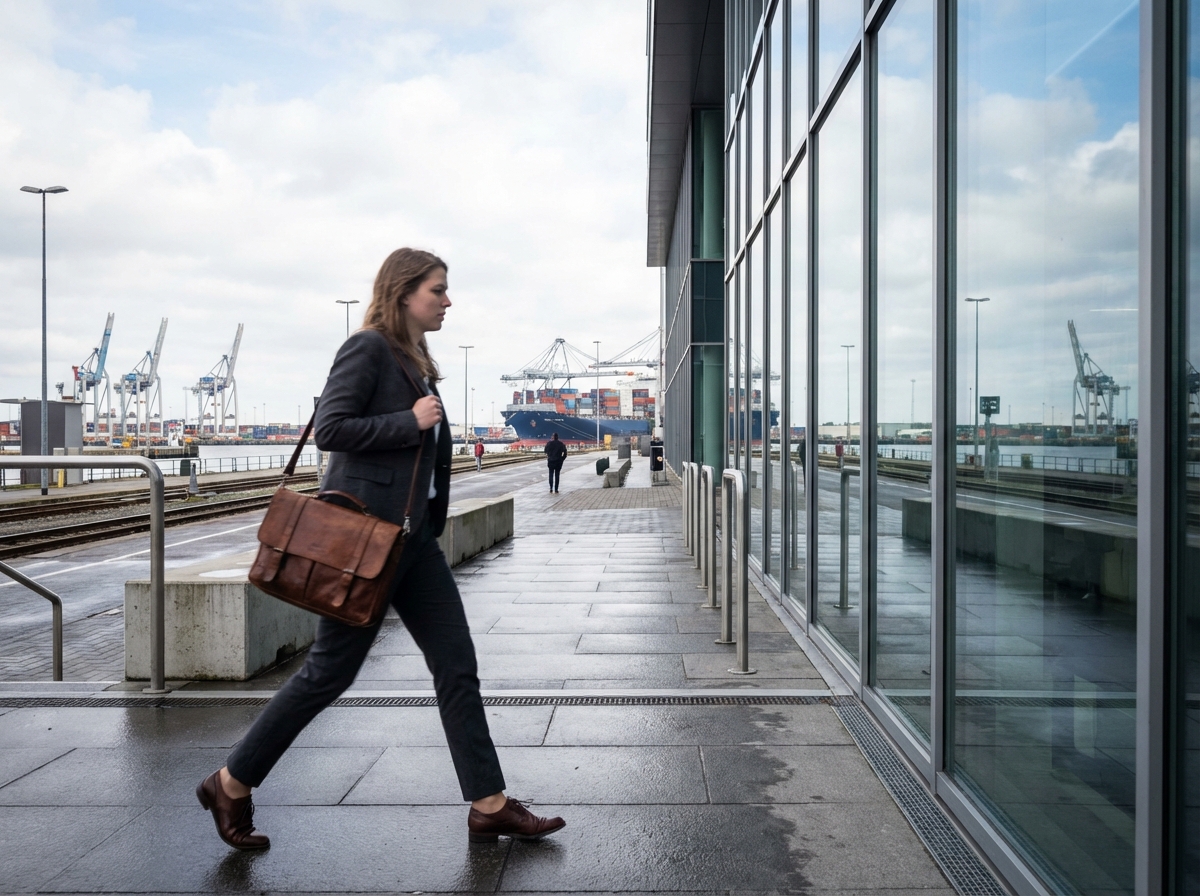 Jeune femme d affaires marchant devant port industriel