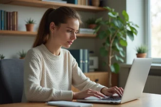 Femme concentrée entrant ses identifiants sur son ordinateur à domicile