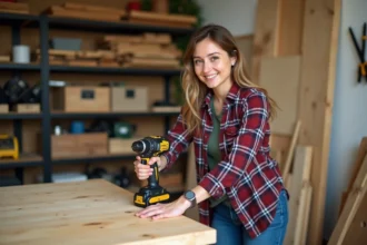 Femme utilisant une perceuse sans fil dans un atelier organisé