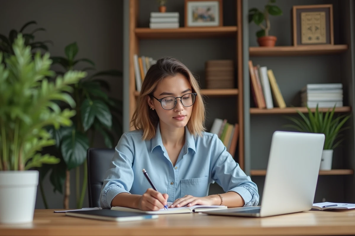 Jeune femme écrivant dans un bullet journal dans un bureau moderne
