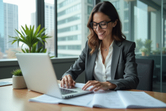 Femme en bureau moderne vérifiant une checklist