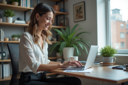 Femme souriante travaillant sur son ordinateur dans un bureau moderne