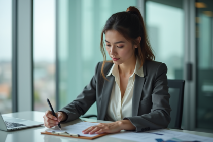 Femme en réunion au bureau avec liste sur clipboard