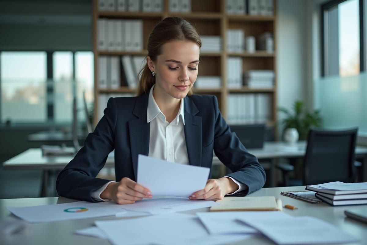 Femme au bureau examinant documents de transport