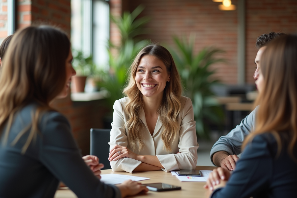 Jeune femme souriante avec collègues dans un espace de travail convivial