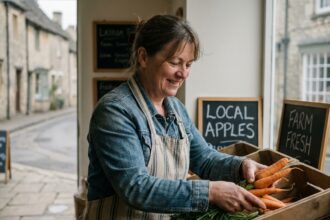 Femme souriante arrangeant des fruits en magasin