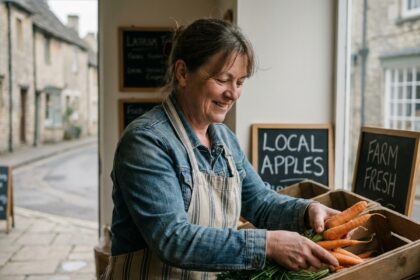 Femme souriante arrangeant des fruits en magasin