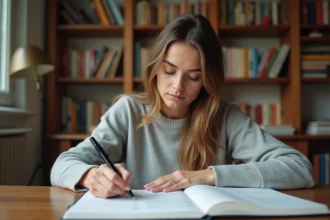 Femme écrivant des conjugaisons de verbes en IR du 3ème groupe dans un cahier sur un bureau en bois