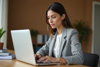 Femme remplissant un dossier de candidature en ligne sur un ordinateur portable dans un bureau à domicile organisé