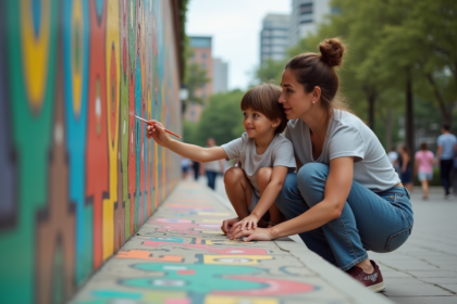 Femme guidant un enfant pour peindre un mural en ville