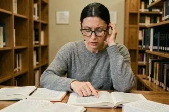 Femme étudiant les articles définis et indéfinis dans un livre de grammaire française à la bibliothèque