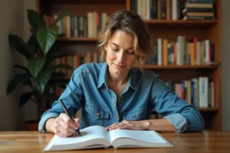 Femme étudiant les verbes espagnols tener et haber dans un manuel de grammaire espagnole sur un bureau en bois