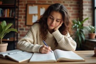 Jeune femme étudiant l'imparfait espagnol avec des cahiers de grammaire ouverts sur un bureau en bois
