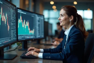 Femme daffaires en costume navy regardant des écrans financiers