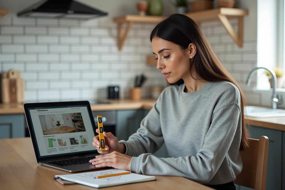 Femme consultant une formation bricolage en ligne sur un ordinateur portable avec un niveau à bulle posé sur la table